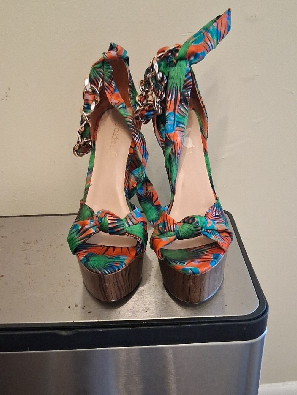 Women’s Orange & Green Tropical Print High Heel Platform Sandals - Picture 2 of 4